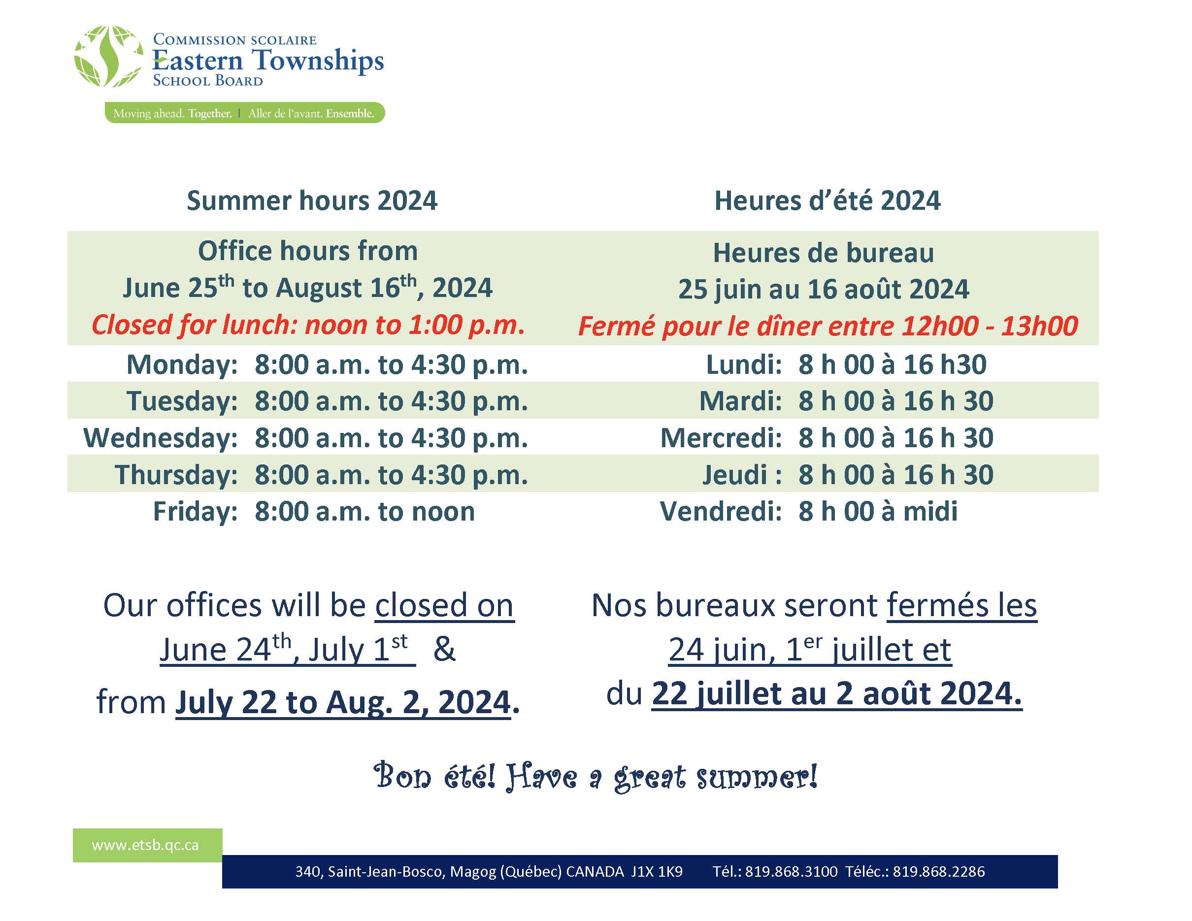 Summer shutdown 2024 with summer hours