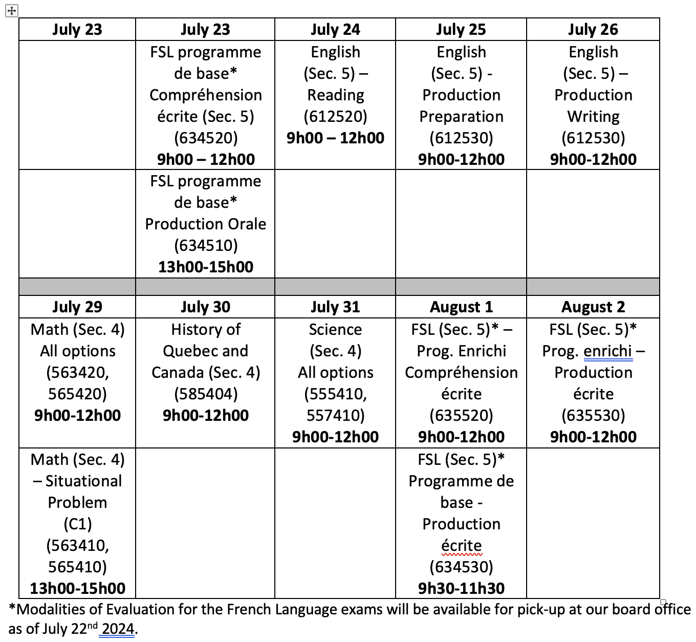 Summer Exam Schedule 2024